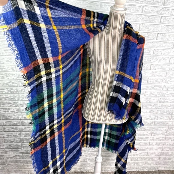 Multicolored Plaid Flannel Shawl Scarf with Fringe Blue Yellow Black Orange - Picture 3 of 6